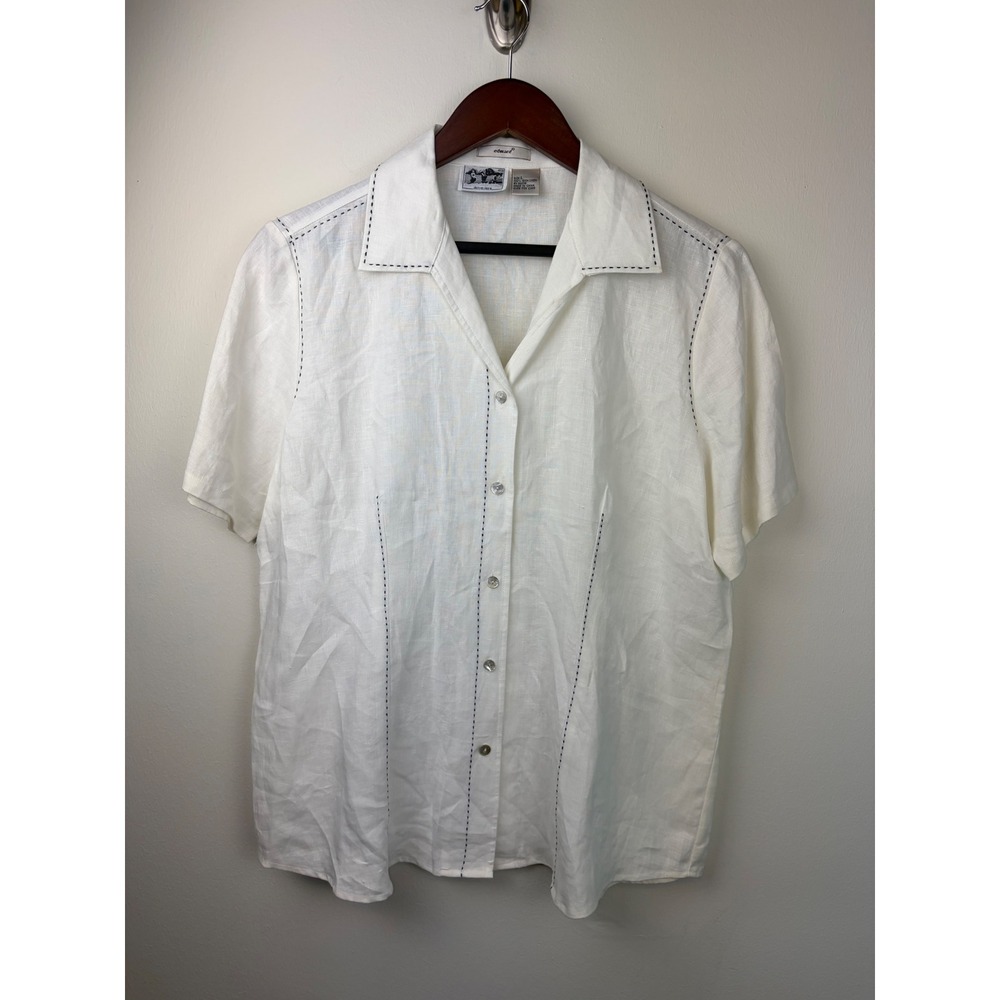 Edward Irish Linen Shirt Large White Short Sleeve Contrast Stitch Resort Top
